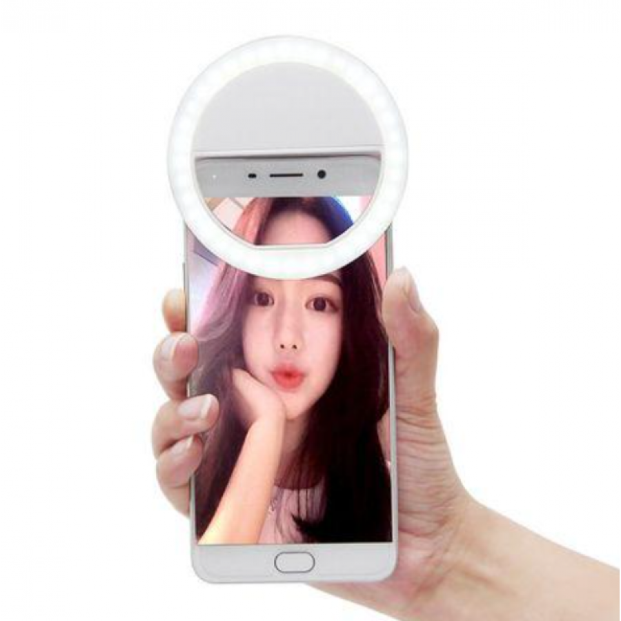 Selfie Ring Light Pentru Smartphone Klausstech, Lumina Alba, 3 Moduri De Iluminare Cu Intensitate Diferita, Alb