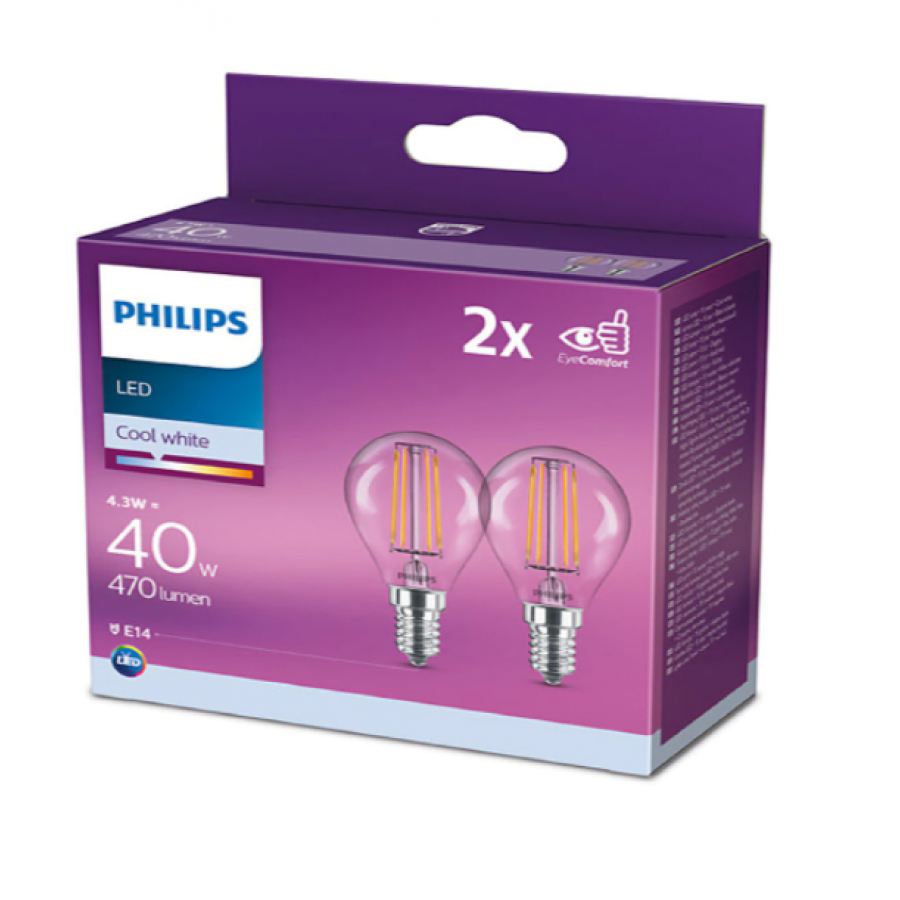 Set 2 Becuri Led Philips E14, Putere 4.3 W, Putere Echivalenta 40w, Tehnologie Eyecomfort, 470 Lm, 4000k, Lumina Rece, Transparent