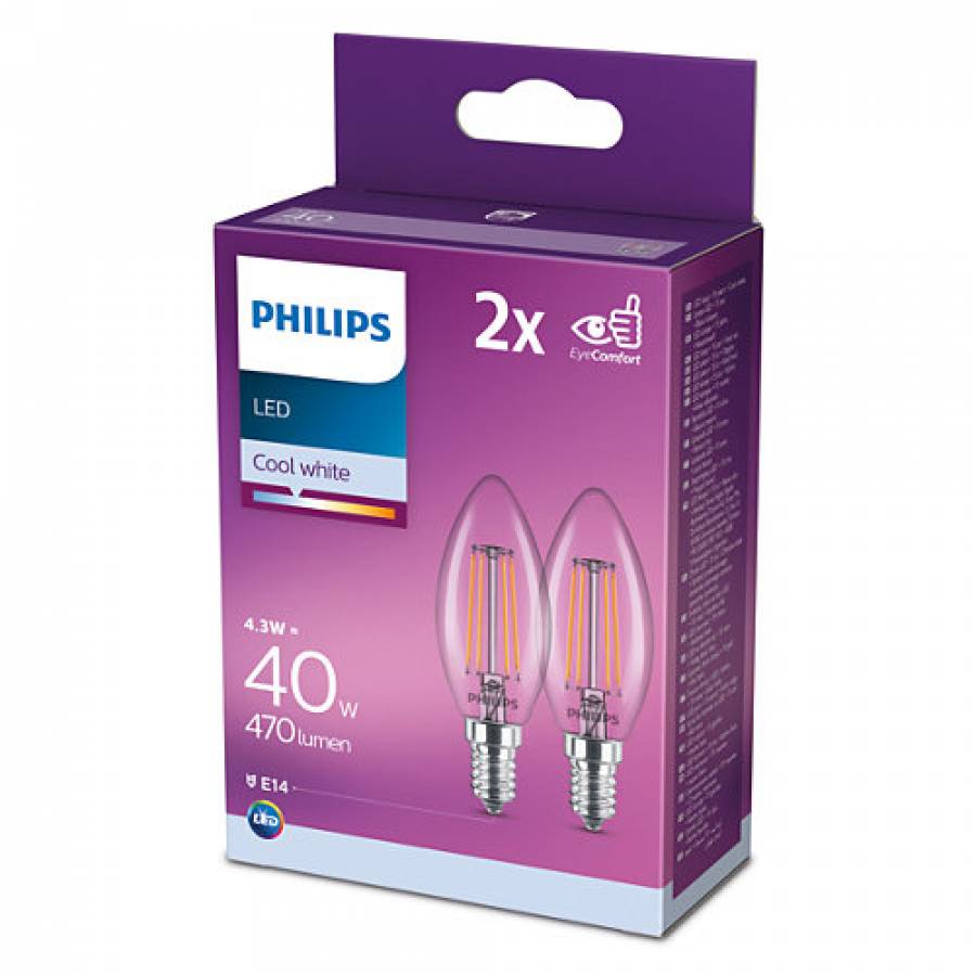 Set 2 Becuri Philips Cu Eyecomfort, Soclu E14, Putere 4.3w, Iluminare Alba Rece, Flux 470 Lm, Temperatura 4000 K, Transparent
