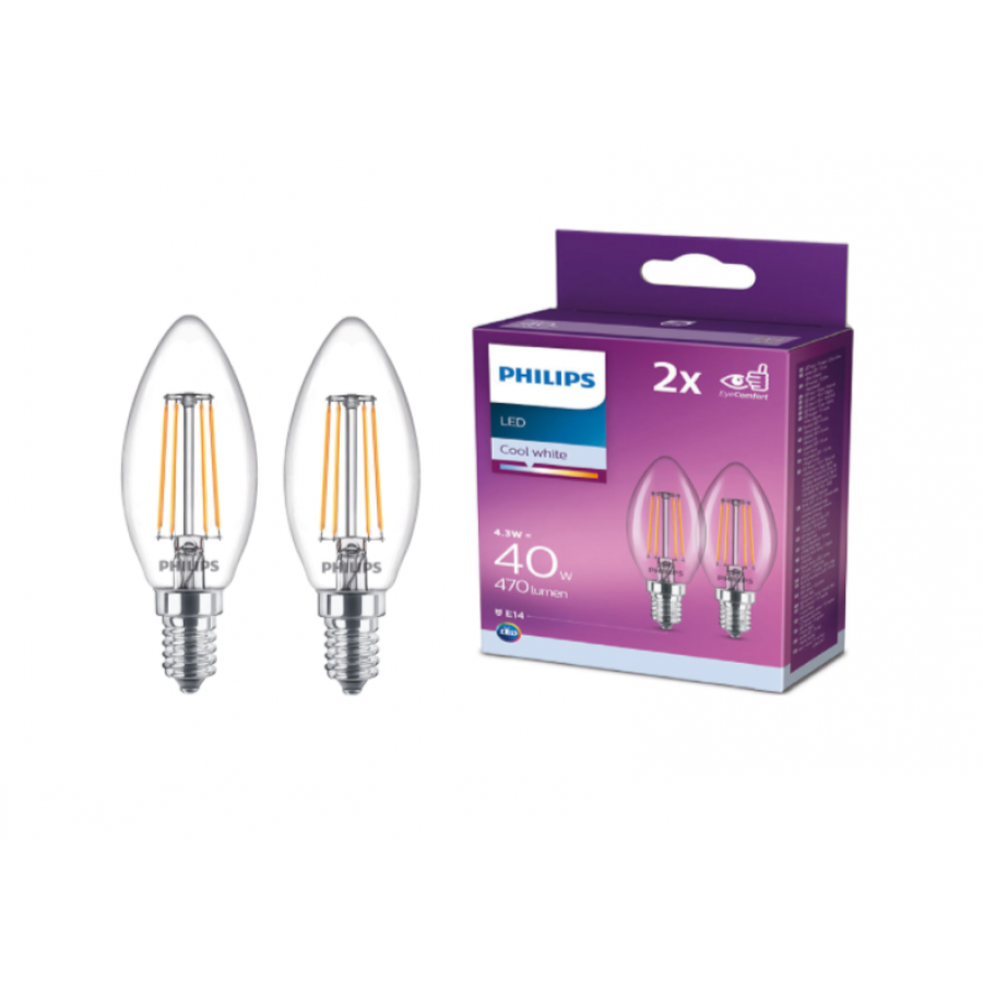 Set 2 Becuri Philips Cu Eyecomfort, Soclu E14, Putere 4.3w, Iluminare Alba Rece, Flux 470 Lm, Temperatura 4000 K, Transparent