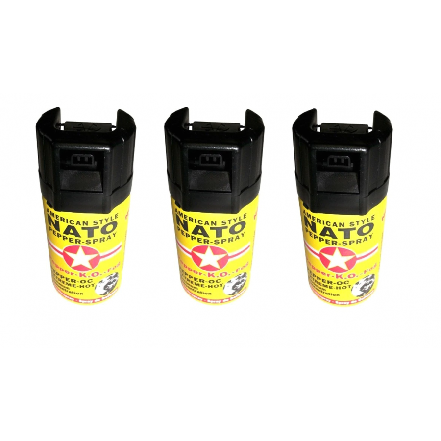 Set 3 Spray-uri De Autoaparare Nato, Jet Dispersat, 60 Ml, Iritant Lacrimogen, Discret Si Compact, Raza De Actiune 8m, Negru / Galben