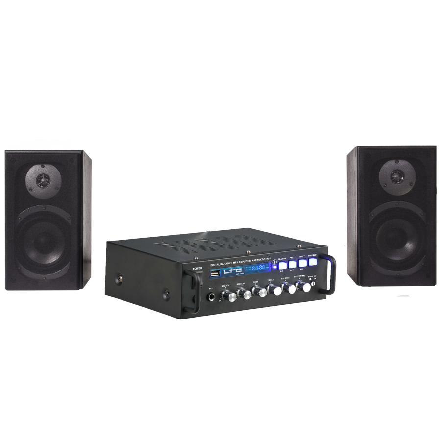 Set Audio Ltc Karaoke All In One Cu Amplificator Afisaj Digital , Incluse 2 Microfoane Cu Fir , Conexiune Prin Bluetooth , Putere 150 W , Cititor Usb , 2 Intrari Microfon , Negru