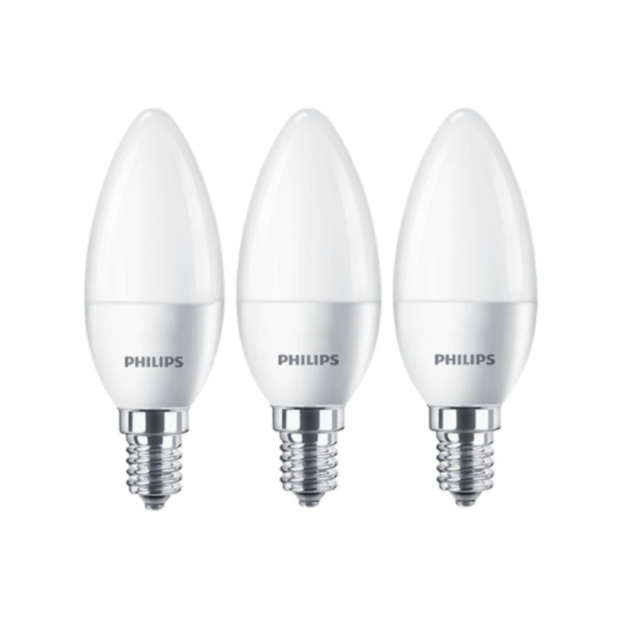 Set Cu 3 Becuri Led Philips, Stil Lumanare, 5,5 W – 40 W, Alb Cald, Soclu E14, 470  Lm, 2700 K, 200°, 15000 Ore, 220-240 V, Alb