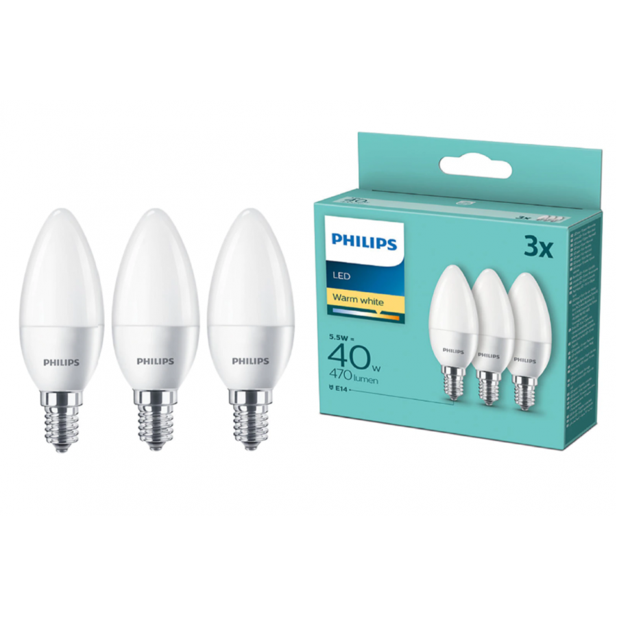 Set Cu 3 Becuri Led Philips, Stil Lumanare, 5,5 W – 40 W, Alb Cald, Soclu E14, 470  Lm, 2700 K, 200°, 15000 Ore, 220-240 V, Alb