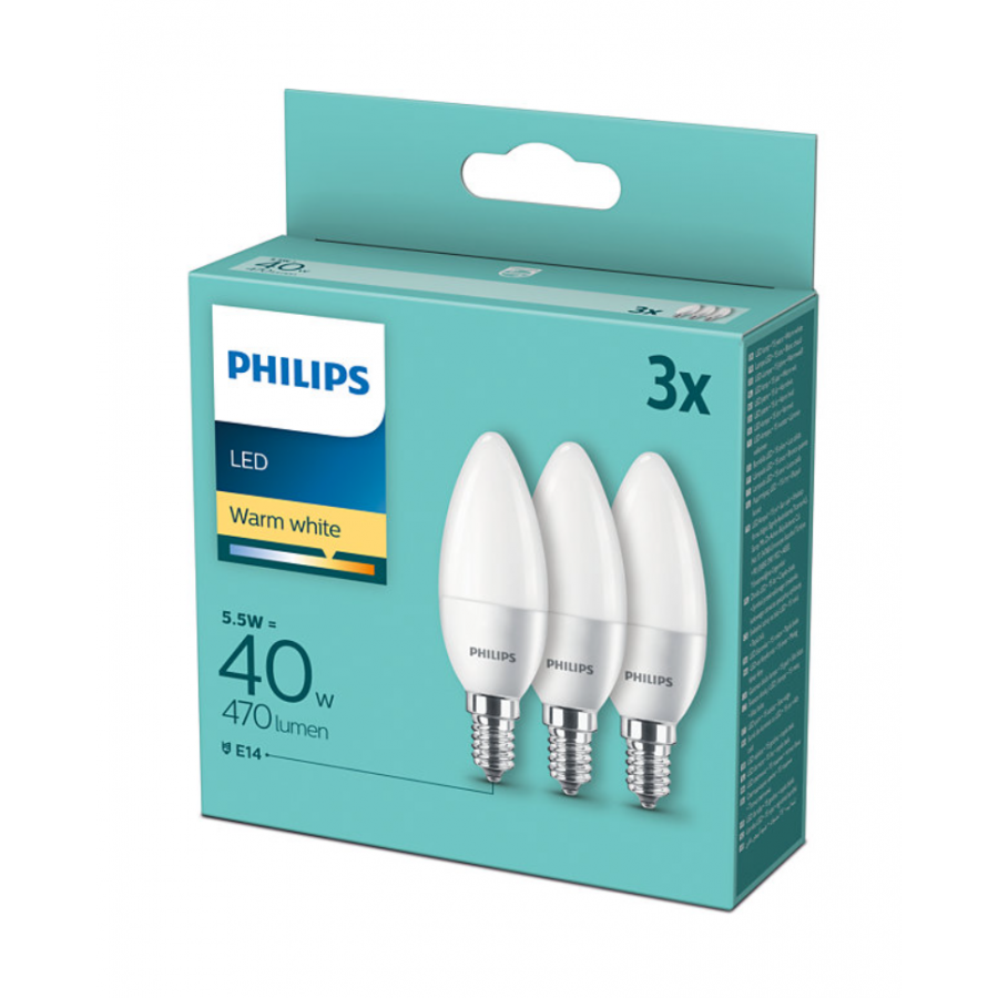 Set Cu 3 Becuri Led Philips, Stil Lumanare, 5,5 W – 40 W, Alb Cald, Soclu E14, 470  Lm, 2700 K, 200°, 15000 Ore, 220-240 V, Alb