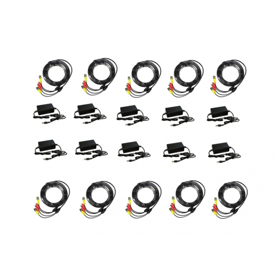 Set De 10 Kit-uri Cu Accesorii Pentru Sistemul De Supravegheat, Pentru 10 Camere, Alimentator 12v 2a, 10 Cabluri De Mufat Plug&play De 10m, Negru