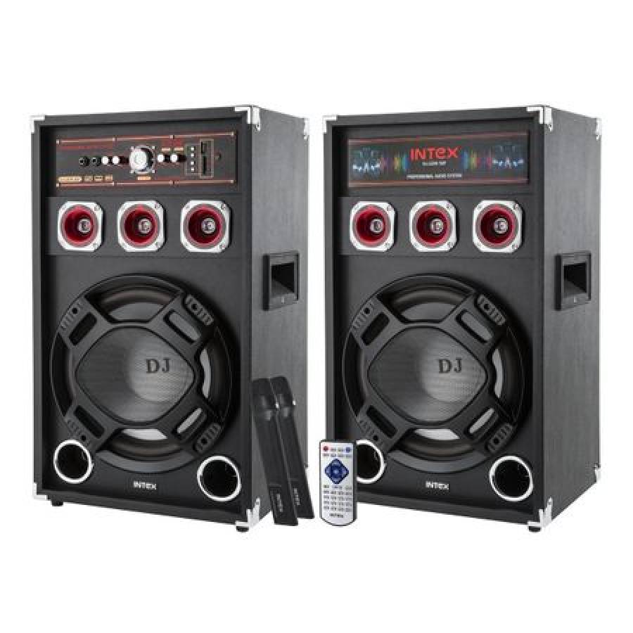 Set De 2 Boxe Audio Intex Cu 2 Microfoane Wireless Incluse , Telecomanda Inclusa , Putere 2 X 60 W , Raspuns In Frecventa 50 Hz-20 Khz , Sensibilitate 90 Db , Negru