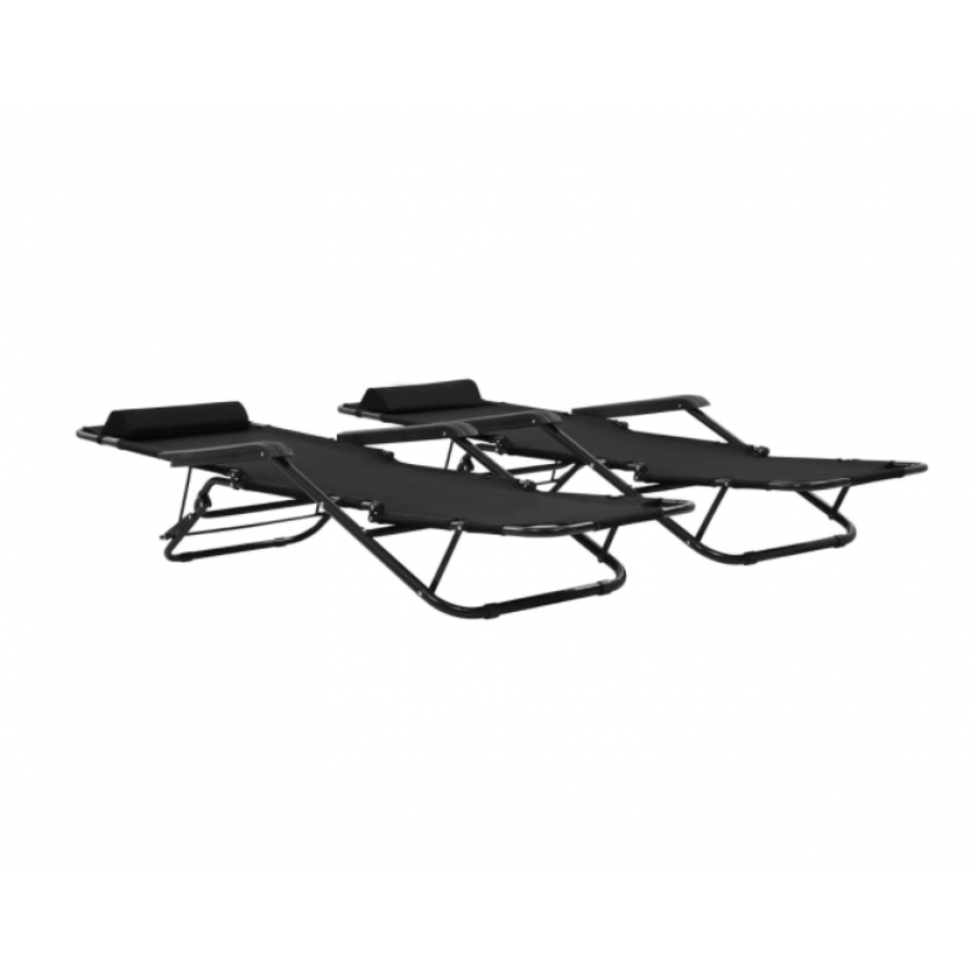 Set De 2 Sezlonguri Cu Suport De Picioare, Pliabile, Tesatura, Greutate Maxima 120 Kg, Poliester, Cadru Din Otel, Moderne, Culoare Negru