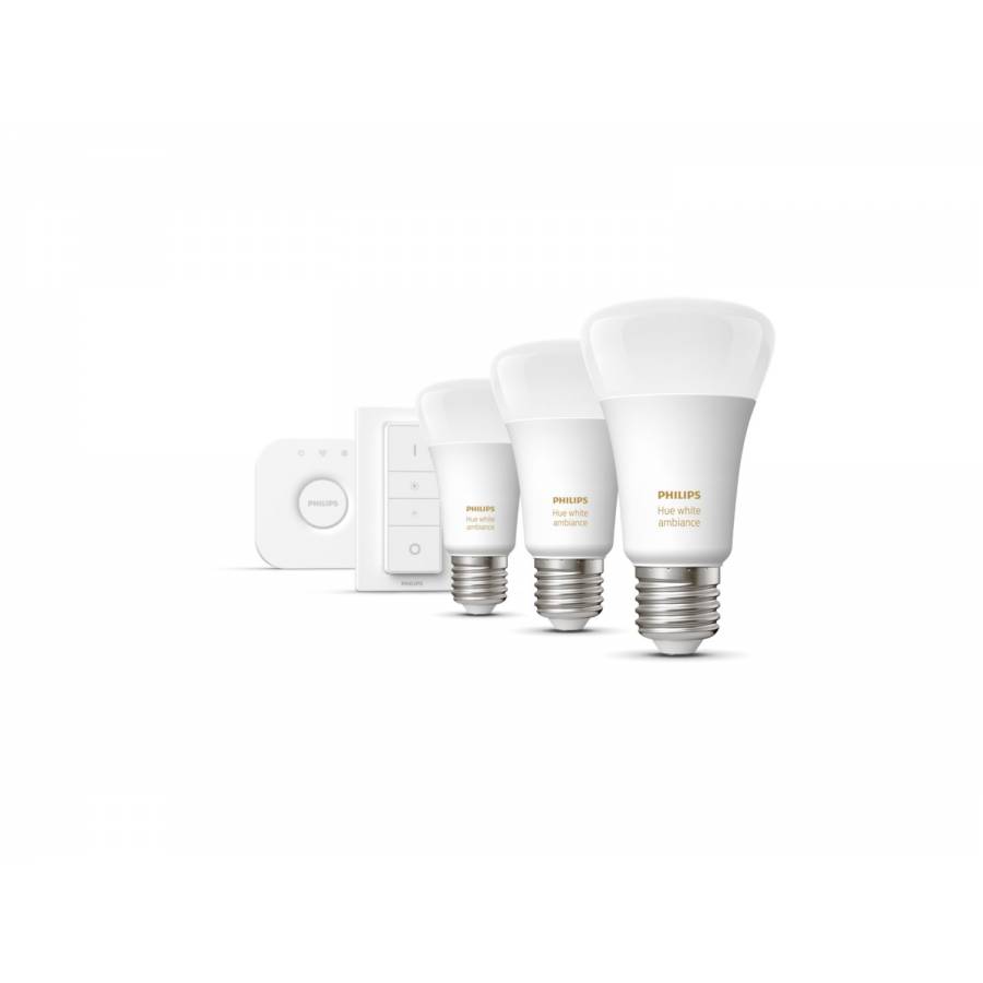 Set De 3 Becuri Inteligente Philips Led E27, Ambianta Alba Rece / Calda, Consola Inclusa, 2200 - 6500 K, 220 - 240 V, 8.5 W, Bluetooth Si Zigbee, Alb