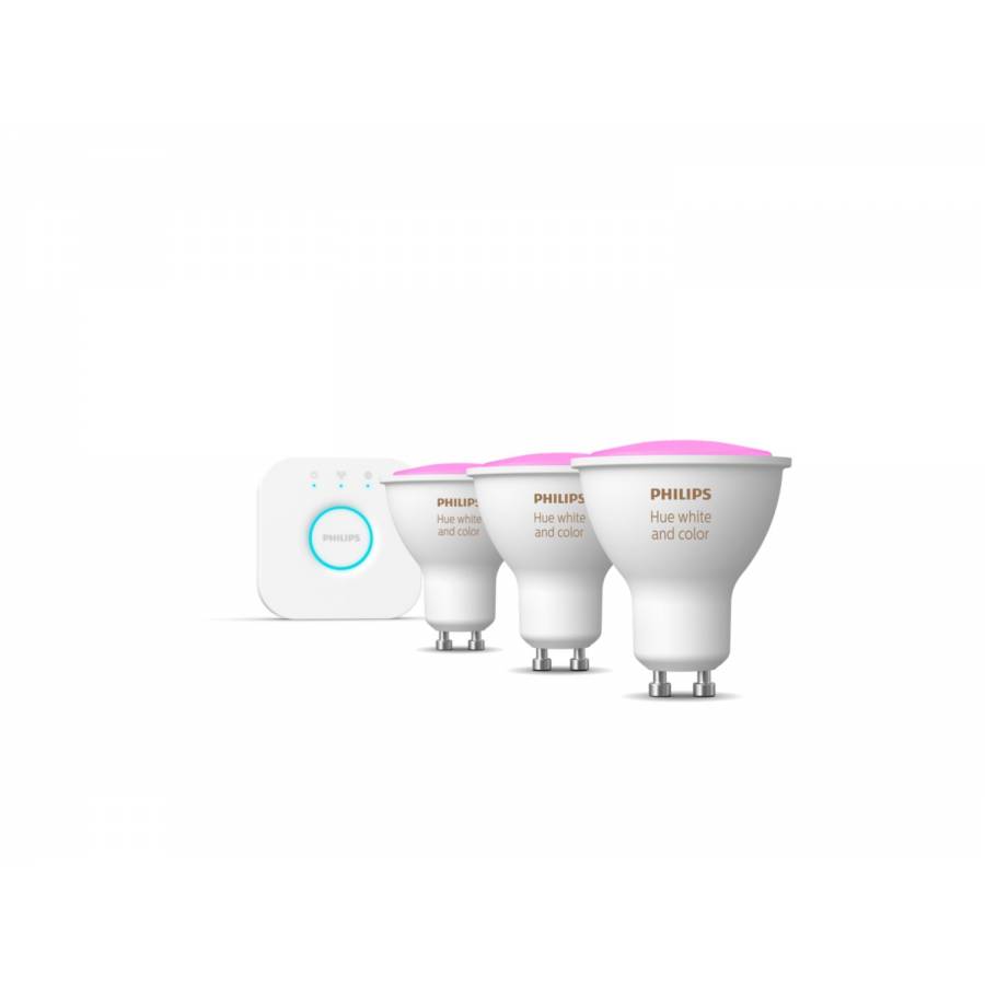 Set De 3 Becuri Philips Led Gu10 Cu Lumina Alb/color, Control Inteligent, 2000k-6500k, 220v-240v, 15000 Ore, 350 Lm, Aplicatie Bluetooth, Zigbee, Alb