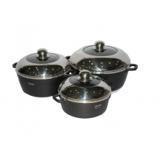 Set De 3 Oale Cu 3 Capace, Aluminiu, Capace Termorezistente, Diametre De 20/24/28 Cm, Ergonomice, Negru