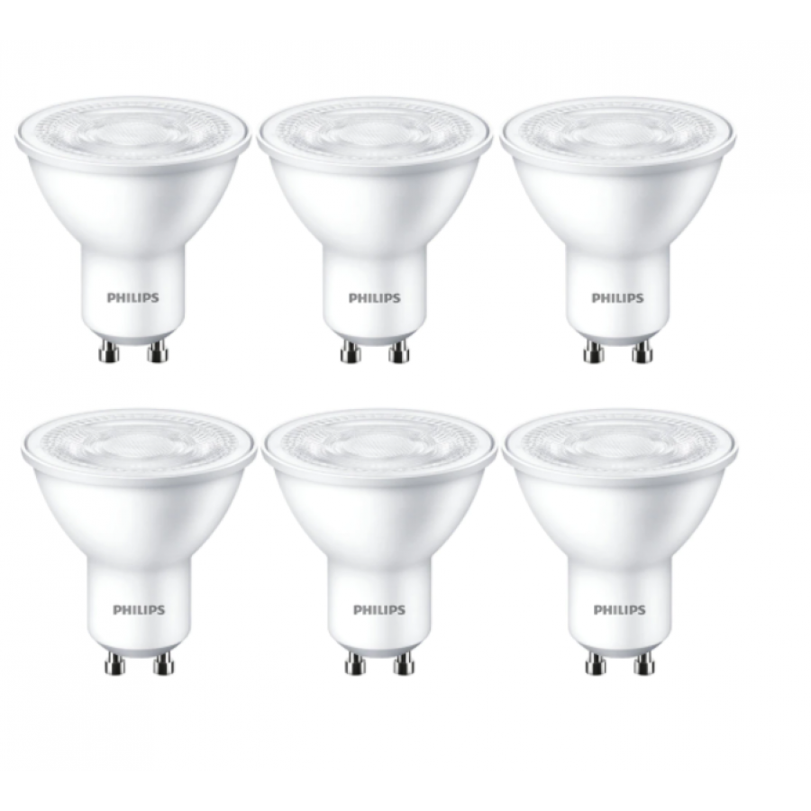 Set De 6 Spoturi Led Philips Soclu Gu10,lumina Alb Cald, 4,7 W – 50 W, 2700k, 345 Lm, 220-240  V, 15000 H, Pentru Interior, Alb