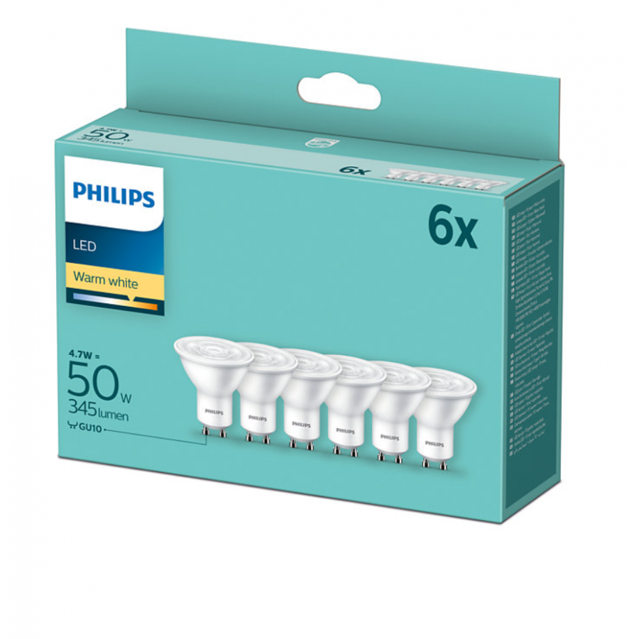 Set De 6 Spoturi Led Philips Soclu Gu10,lumina Alb Cald, 4,7 W – 50 W, 2700k, 345 Lm, 220-240  V, 15000 H, Pentru Interior, Alb