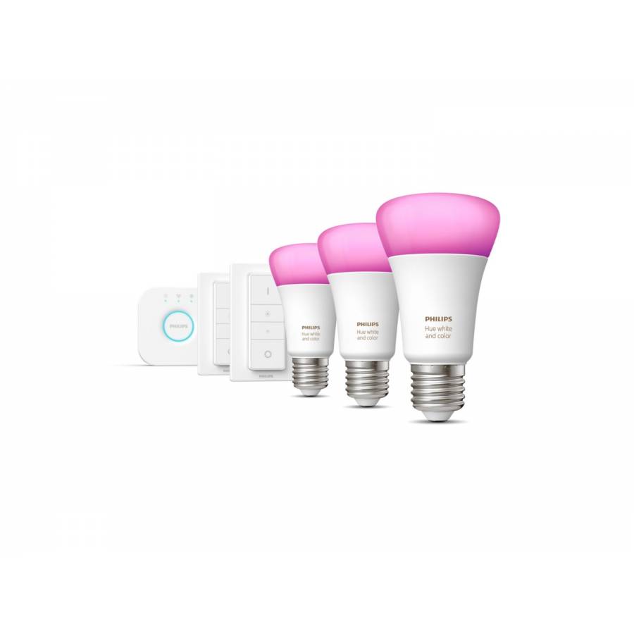 Set De Baza Philips 3 X Becuri Led E27. 2 Variatoare Incluse Si Consola Bridge, Ambianta Color Si Alba, 25000 Ore, 9 W, Bluetooth Si Zigbee, Alb