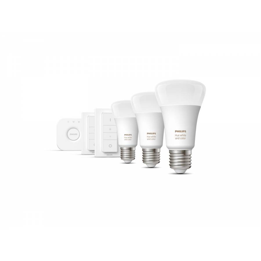 Set De Baza Philips 3 X Becuri Led E27. 2 Variatoare Incluse Si Consola Bridge, Ambianta Color Si Alba, 25000 Ore, 9 W, Bluetooth Si Zigbee, Alb