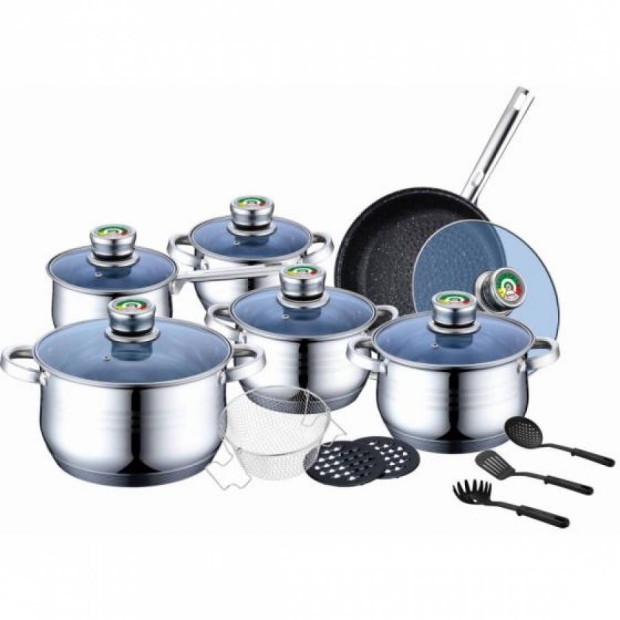 Set De Oale Cu Capace Din Sticla Termorezistenta Bohmann, 18 Piese, Fund 9 Straturi, Manere Termometru, Otel Inoxidabil, Orificiu Eliberare Aburi, Argintiu