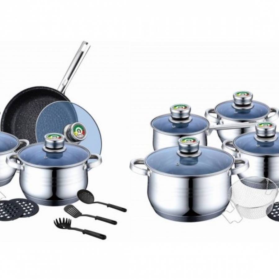 Set De Oale Cu Capace Din Sticla Termorezistenta Bohmann, 18 Piese, Fund 9 Straturi, Manere Termometru, Otel Inoxidabil, Orificiu Eliberare Aburi, Argintiu