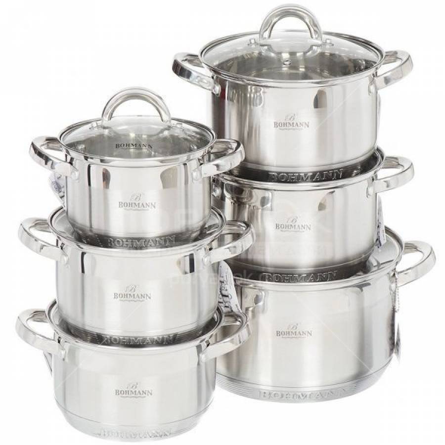 Set De Oale Din Inox Bohmann, 12 Piese, Otel Inoxidabil, 7 Straturi, Baza Incapsulata, Margini Curbate, Capace Din Sticla Cu Orificiu Pentru Eliberarea Aburului, Design Modern, Argintiu