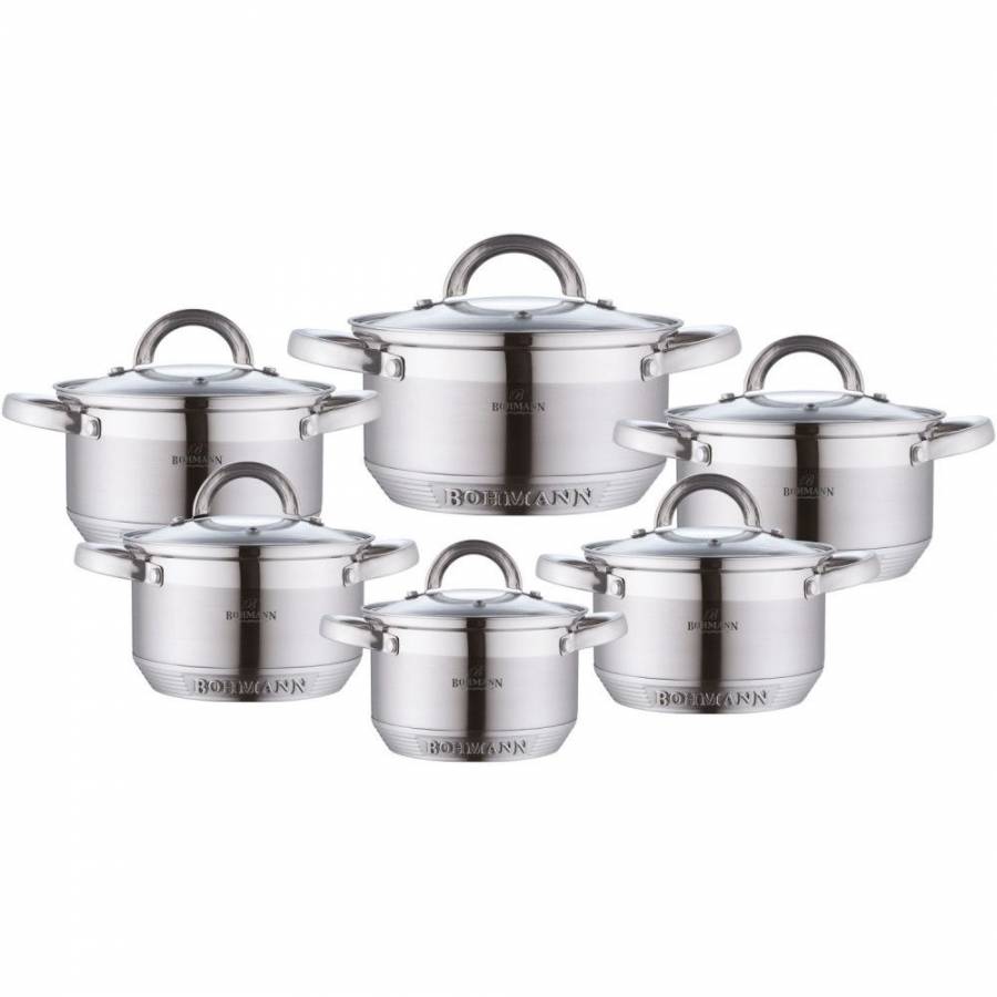 Set De Oale Din Inox Bohmann, 12 Piese, Otel Inoxidabil, 7 Straturi, Baza Incapsulata, Margini Curbate, Capace Din Sticla Cu Orificiu Pentru Eliberarea Aburului, Design Modern, Argintiu