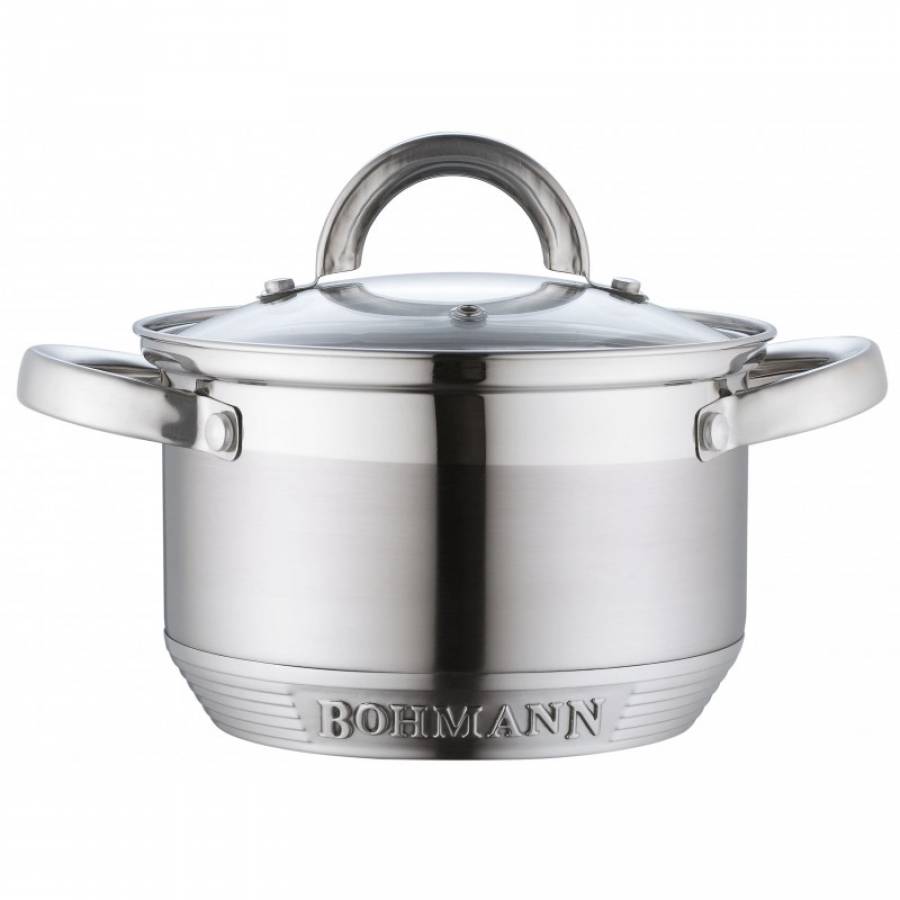 Set De Oale Din Inox Bohmann, 12 Piese, Otel Inoxidabil, 7 Straturi, Baza Incapsulata, Margini Curbate, Capace Din Sticla Cu Orificiu Pentru Eliberarea Aburului, Design Modern, Argintiu