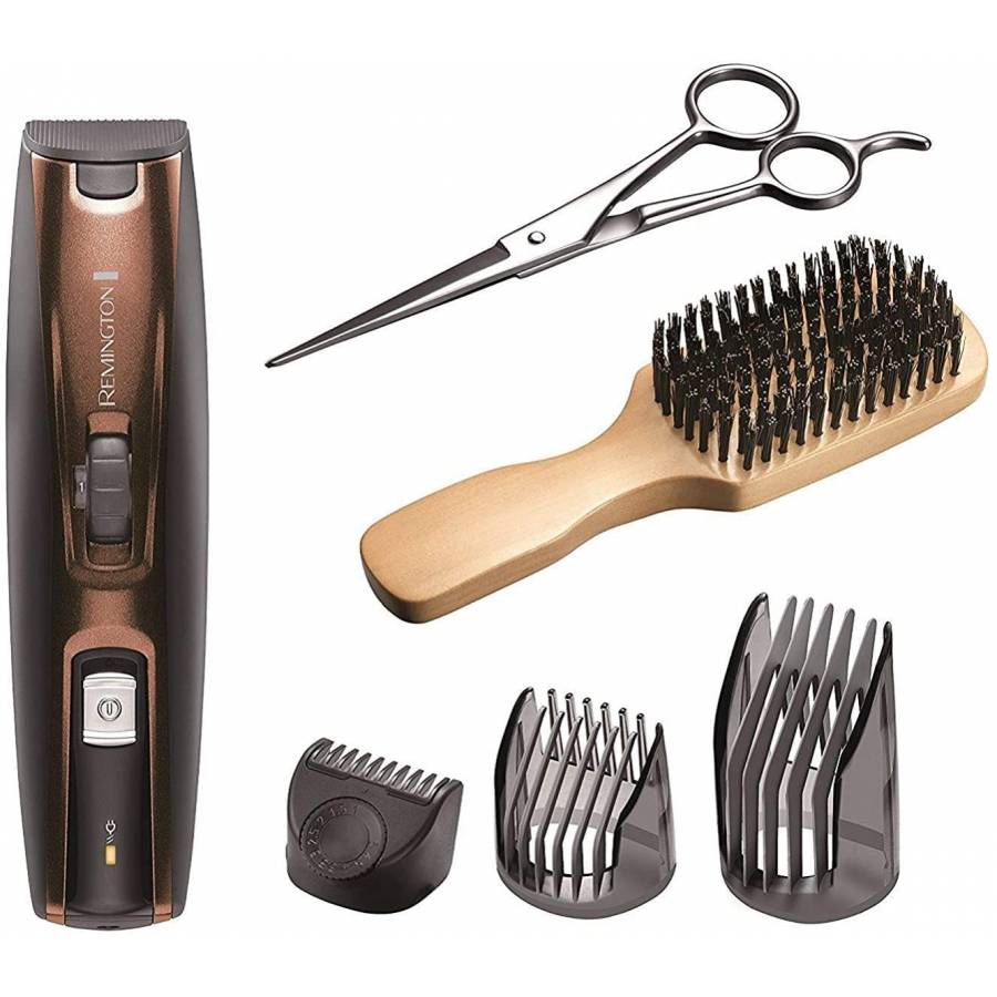 Set De Tuns Barba Remington Beard Kit, Lame Cu Invelis Din Titan, Lame Cu Auto-ascutire, Pieptan Ajustabil Xl, Trimmer Culisant, Acumulator Pe Baza De Litiu,foarfeca Din Otel, Negru/maro