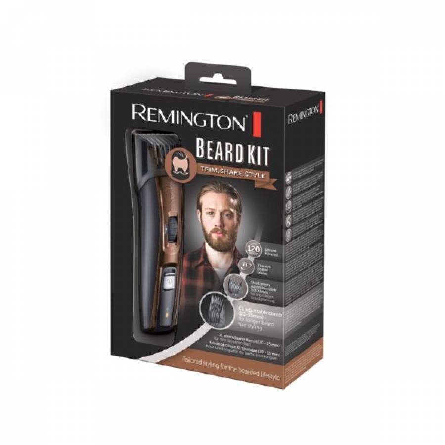 Set De Tuns Barba Remington Beard Kit, Lame Cu Invelis Din Titan, Lame Cu Auto-ascutire, Pieptan Ajustabil Xl, Trimmer Culisant, Acumulator Pe Baza De Litiu,foarfeca Din Otel, Negru/maro