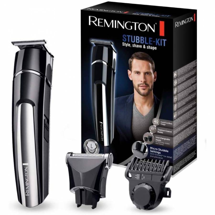Set De Tuns Remington Barba, Lame Din Titan,tehnologie De Auto-ascutire,2 Capete Interschimbabile,lama In Forma De T, Cap Atasabil Cu Sita, Pieptene Micro-ajustabil, Capete Lavabile, Negru