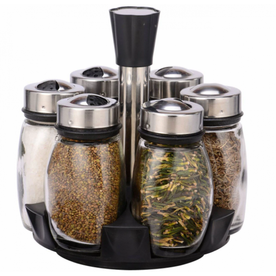 Set Klausstech De 7 Recipiente Pentru Condimente, Rotativ, Elegant Si Atractiv, Usor De Folosit, Ergonomic, Argintiu