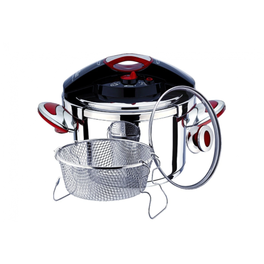 Set Oala Sub Presiune, Inox, Capacitate 6l, Capac Din Inox, Incalzire Rapida, Mentinerea Caldurii, 3 Straturi, Manere Ergonomice, Argintiu Si Cos De Prajit, Dimensiune 9 X 20 Cm, Argintiu