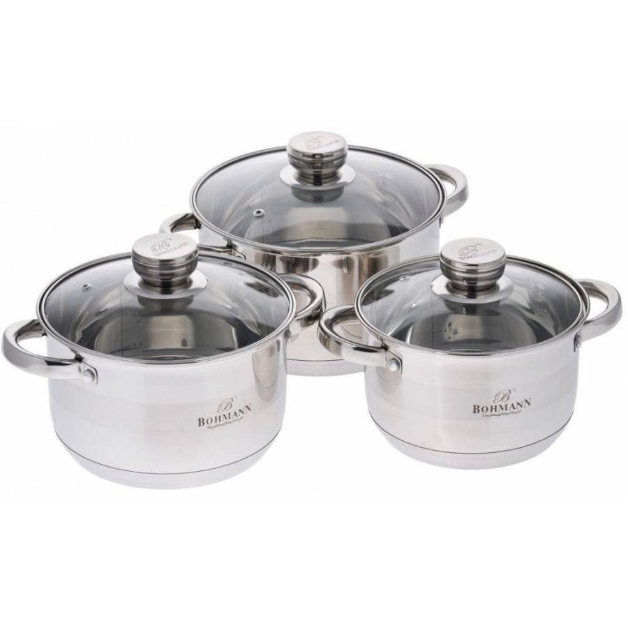 Set Oale Din Inox Bohmann, 6 Piese, Otel Inoxidabil, 5 Straturi, Baza Incapsulata, Capace Din Sticla, Design Modern, Argintiu