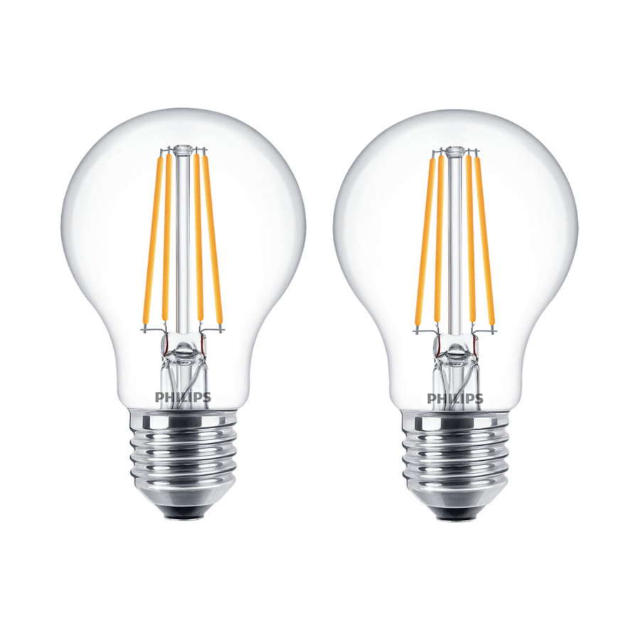 Set Profesional 2 Becuri Led Philips A60, Soclu E27, Alb Cald, 7 W – 60 W, 806 Lm, Temperatura 2700 K, 220 - 240v, 15000 Ore, Design Compact, Transparent