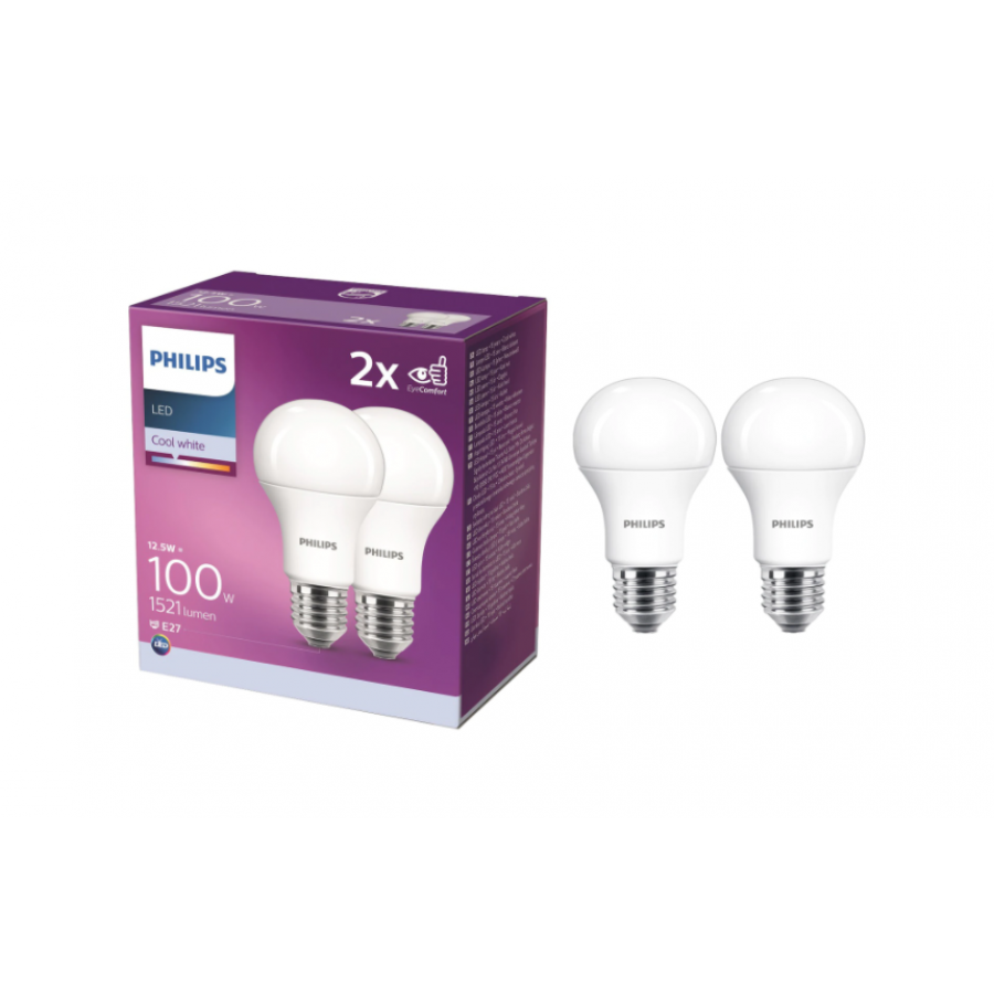 Set Profesional 2 Becuri Led Philips Soclu E27, Putere 12.5 W, Flux 1521 Lm, Lumina Neutra 4000 K, Design Modern Si Ergonomic, A+, Culoare Alb