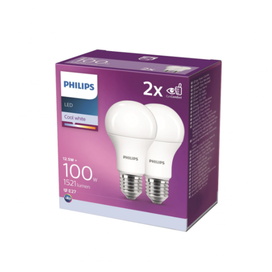 Set Profesional 2 Becuri Led Philips Soclu E27, Putere 12.5 W, Flux 1521 Lm, Lumina Neutra 4000 K, Design Modern Si Ergonomic, A+, Culoare Alb