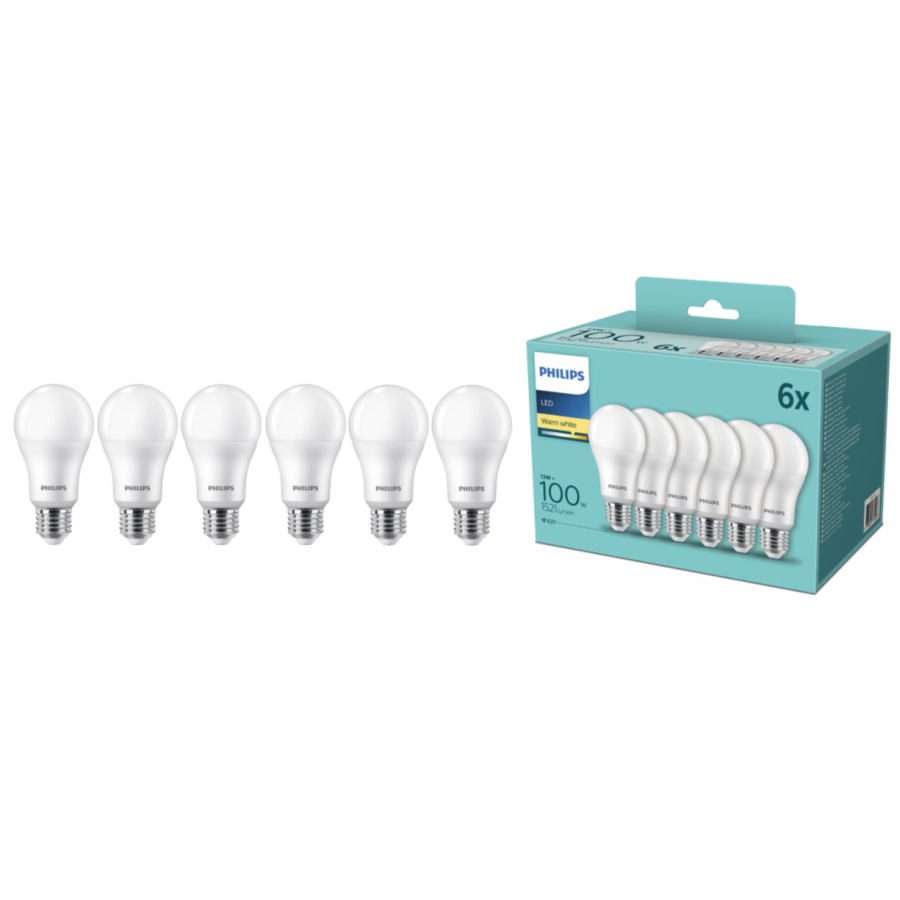 Set Profesional 6 Becuri Led Philips Cu Putere 3 W – 100 W, Lumina Alb Cald, Soclu E27, Unghi 180 °, 2700  K, Flux 1521 Lm,  50-60  Hz, Alb Mat