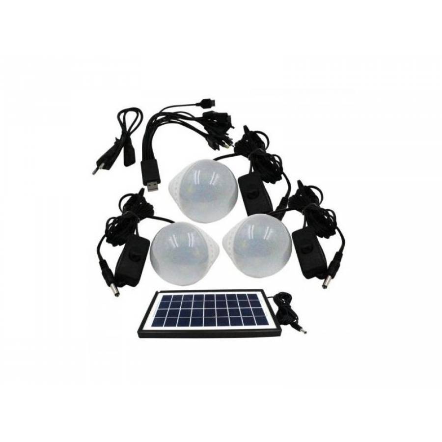Sistem Iluminare Led Cu Incarcare Solara, 3 Becuri Led Si Lampa Portabila , Port Usb ,  Ac 220-240v 50-60hz , Negru