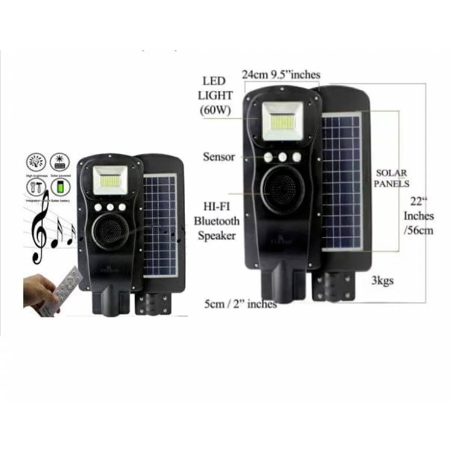 Sistem Solar KlaussTech Cu Difuzor Audio Bluetooth,  Lampa Stradala , Putere 60 W , Luminozitate 800lm