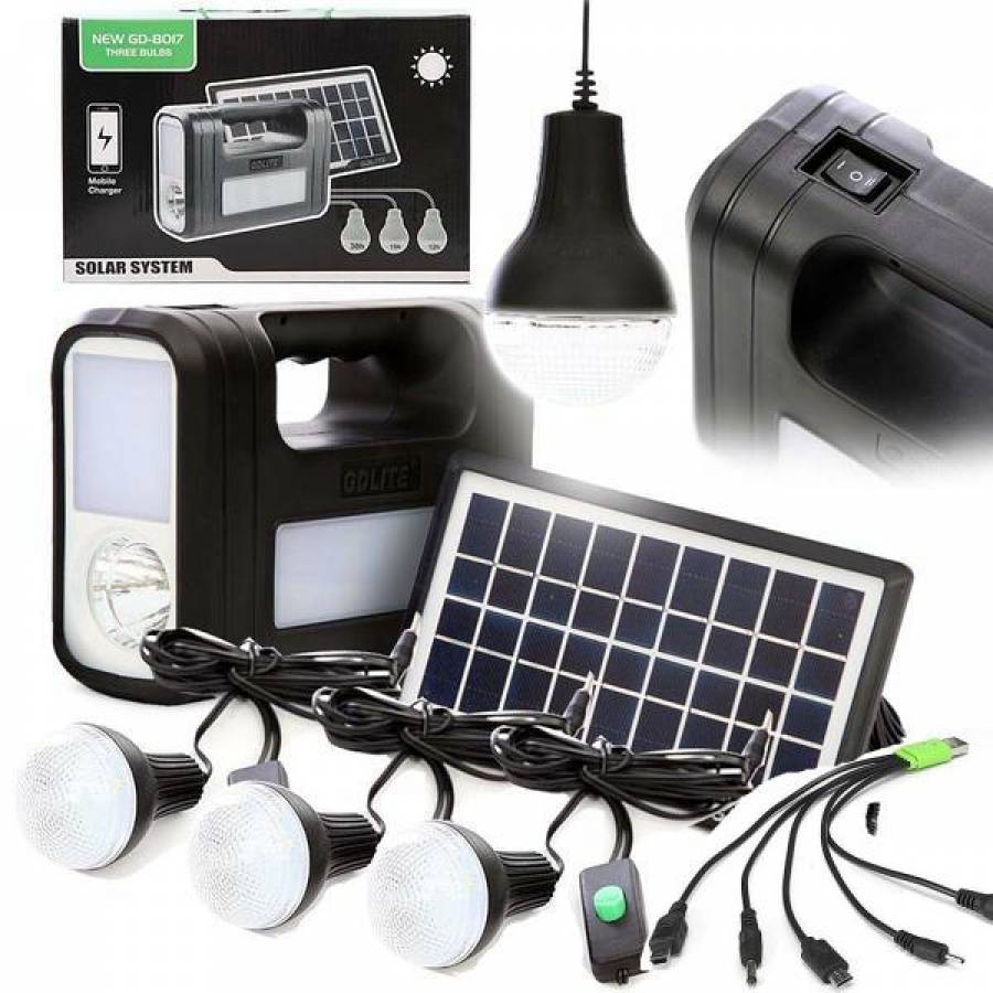 Sistem Solar Cu Panou Solar, 3 Becuri Incluse Led Smd, 3 X Lampi, Incarcare Solara, Incarcare Dispozitive Usb 5v, Negru