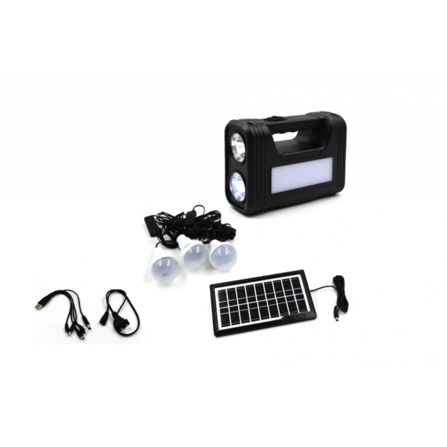 Sistem Solar Profesional Cu 3 Becuri Led Smd Si Lanterna, Incarcare Solara, Acumulator Reincarcabil, Intrare Usb 5v, 220-240v, 50/60hz, Negru
