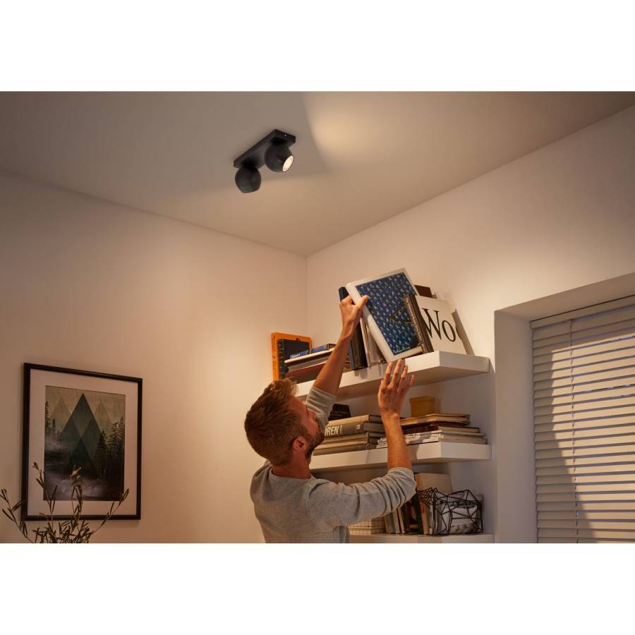 Spot Dublu Luminos Philips Cu Led Gu10, Lumina Alba, Variator Inclus, Setare Temporizator, Material Metal, Modern, 700 Lm, 5 W, Negru