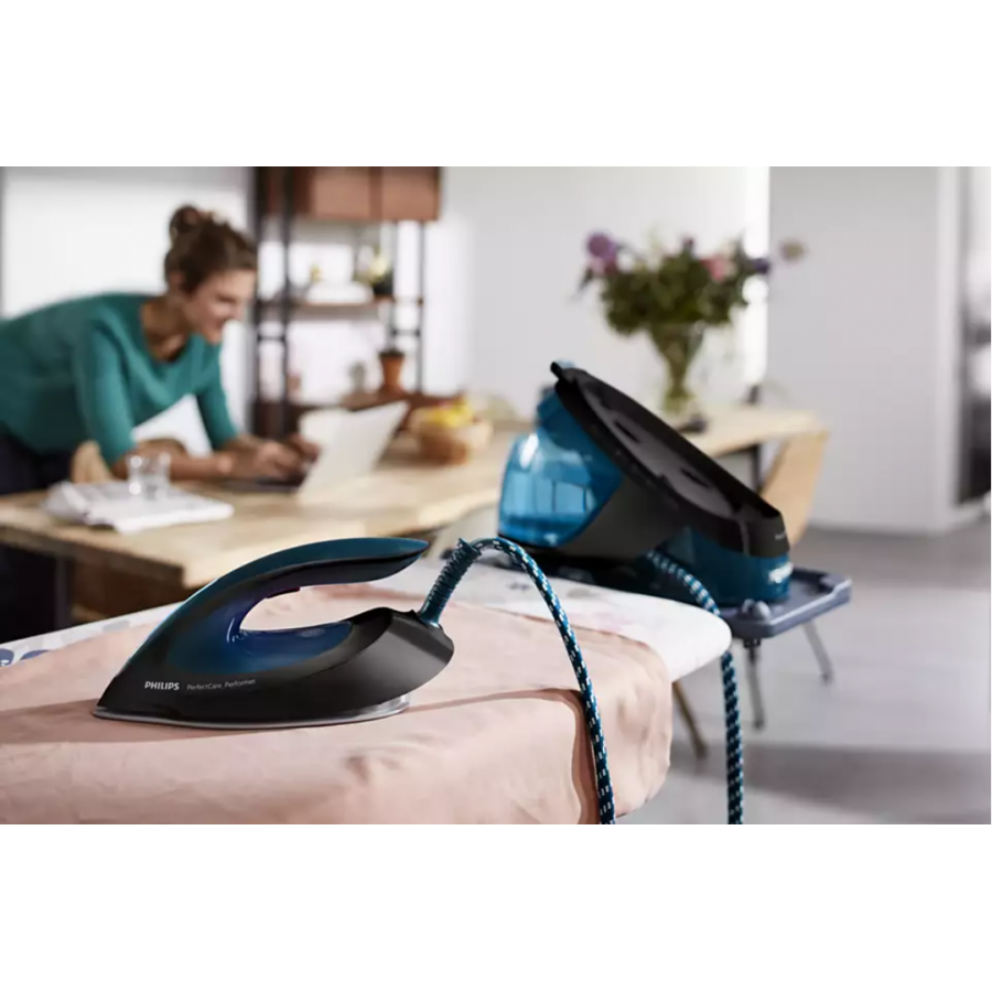Statie Philips De Calcat Cu Abur Perfectcare Performer, Presiune De 6.5 Bar, Jet De Abur 420 G, Rezervor De Apa 1.8 L, Tehnologie Optimaltemp, Procesor Smart Control, Pompa Silentioasa, Albastru/negru