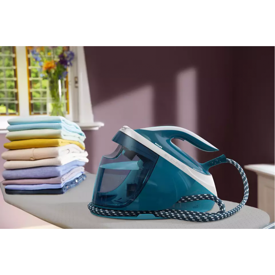 Statie Philips De Calcat Cu Abur Perfectcare, Presiune 7.5 Bari , Rezervor Detasabil 1.8 L, Blocare Siguranta, Jet De Abur 480 G, 2100 W, Talpa Steamglide Advanced, Indicator Luminos, Alb/albastru