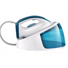 Statie Philips Fastcare Compact De Calcat Cu Abur, Presiune De 5.2 Bari, Rezervor Apa 1.5 L, Jet De Abur Pana La 300g, 2400 W, 220 - 240 V, Jet Vertical,  120  G/min, Indicator Luminos/sonor, Alb/albastru