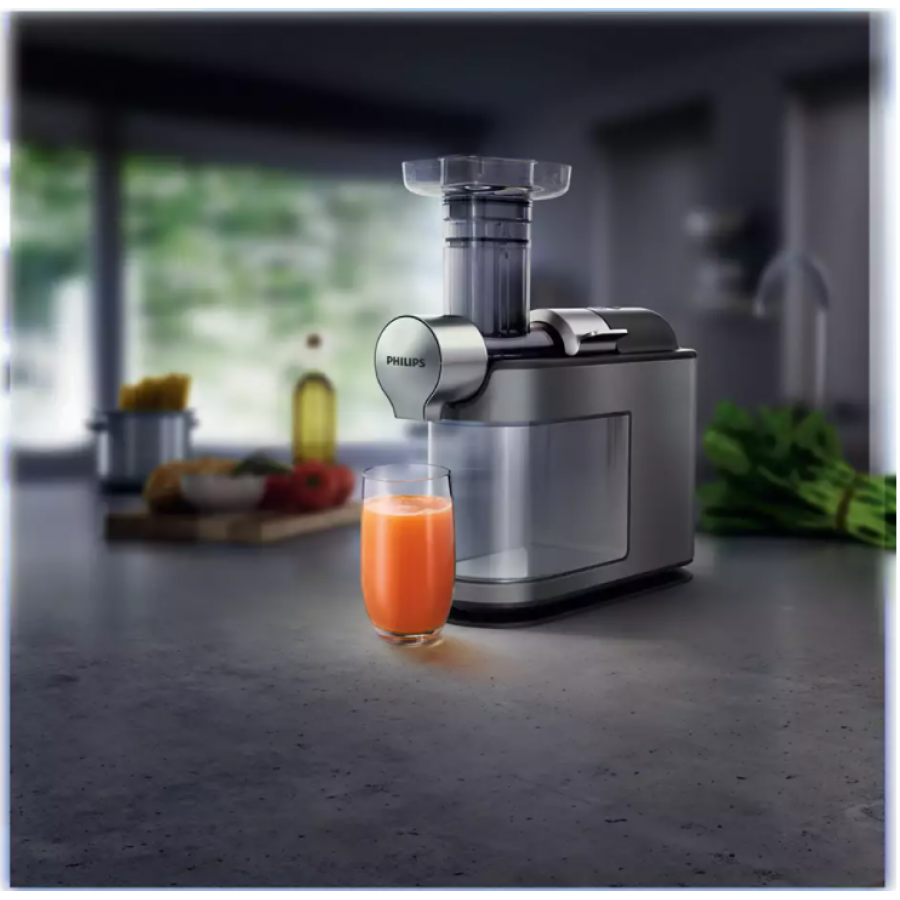 Storcator Philips De Fructe Prin Presare La Rece, Design Subtire Si Metalic, 200 W, Cablu 1 M, Capacitate Vas 1l, 300 Rpm, Tensiune 220 - 240 V, Negru