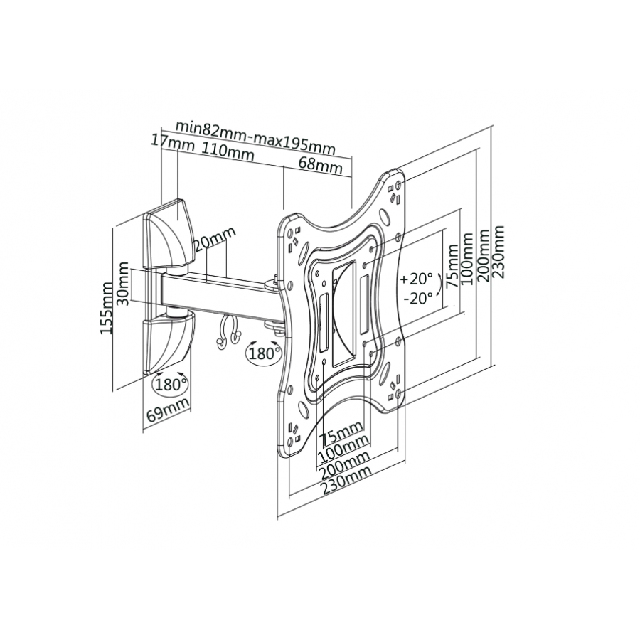 Suport De Televizor Klausstech, Suporta Diagonale Intre 23 Si 42, Sarcina Suportata Maxim 20 De Kg, Reglabil, Distanta Dintre Perete Si Tv 82~195mm, Metal, Culoare Negru