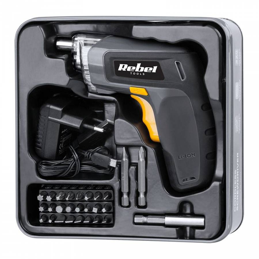 Surubelnita Profesionala Cu Acumulator 3,6 V, Acumulator 1300 Mah, Accesorii Incluse, Varf Magnetic, Blocare Ax, Lumina De Lucru, Indicator De Rotatie & Incarcare, Maner Ergonomic, Design Compact, Negru