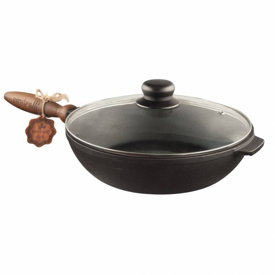 Tigaie Adanca Din Fonta Maysternya, Cu Capac Sticla, Maner Lemn 24 X 6 Cm