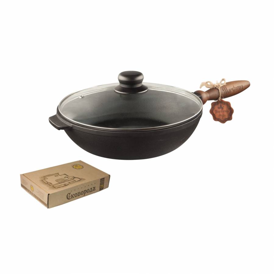 Tigaie Adanca Din Fonta Maysternya, Cu Capac Sticla, Maner Lemn 24 X 6 Cm