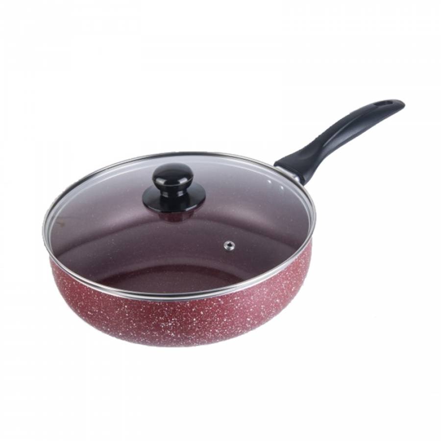 Tigaie Din Aluminiu Cu Interior Marmorat Cu Diametru De 24 Cm, Capac Din Sticla, Maner Ergonomic, Exterior Rezistent, Culoare Rosu