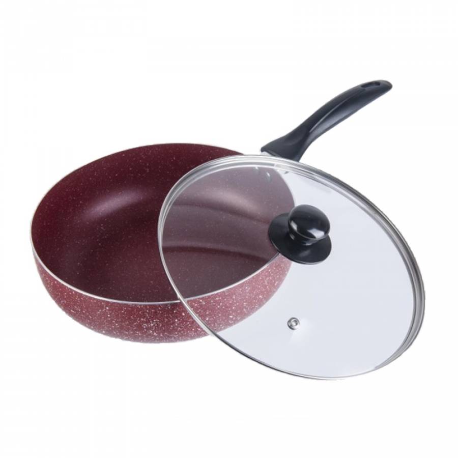 Tigaie Din Aluminiu Cu Interior Marmorat Cu Diametru De 24 Cm, Capac Din Sticla, Maner Ergonomic, Exterior Rezistent, Culoare Rosu