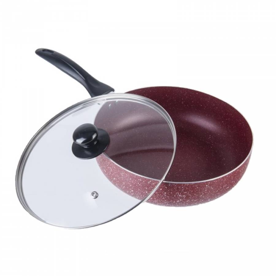 Tigaie Din Aluminiu Cu Interior Marmorat Cu Diametru De 24 Cm, Capac Din Sticla, Maner Ergonomic, Exterior Rezistent, Culoare Rosu